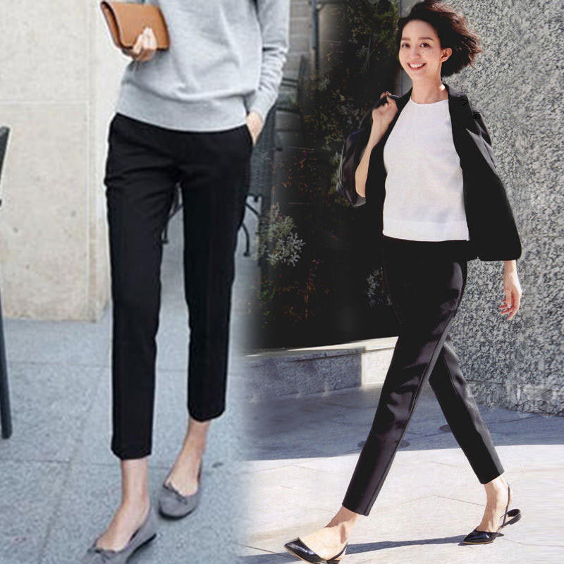 Spring Women Skinny Ankle-length Pants Korea Fashion Office Lady Black Cargo Casual High Waist Straight Trousers D64 210512
