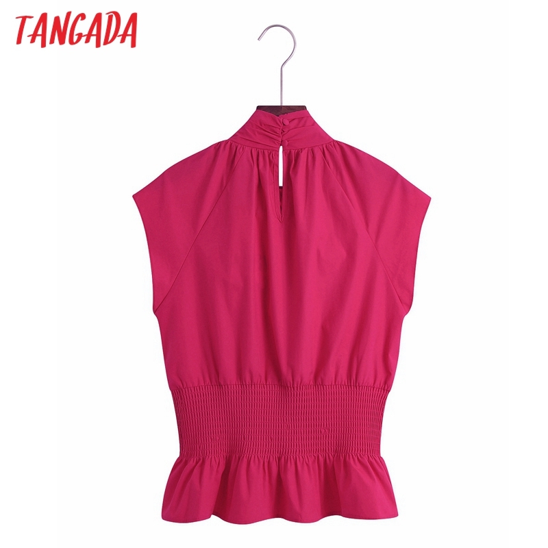 Women pink Summer Shirts Sleeveless Solid Bow Collar Elegant Office Ladies Tunic Blouses 6Z75 210416
