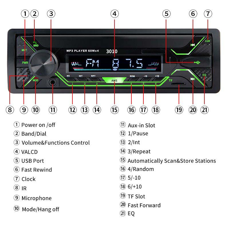 Universal Car Radio Audio 12-24V Truck Bluetooth Stereo MP3 Player FM Receiver 60Wx4 With Colorful Lights AUX/USB/TF Card Auto Kit