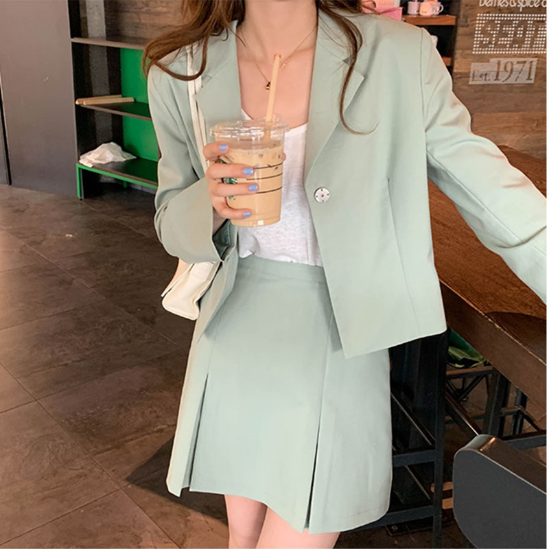 2pcs SM women Blazer Skirt set spring autumn Preppy style pink Green blazer+mini skirts two pieces Clothing set (X1875) 210423