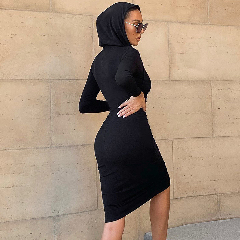 CNYISHE Fashion Casual Hooded Drawstring Dress Women Spring Bodycon Bandage Midi Ruched Dresses Female Black Robes Vestidos 210419