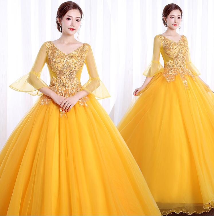 Quinceanera Dresses 2021 Party Prom Formal Luxury Three Quarter Sleeve V-neck Ball Gown Vintage Robe De Bal Vestidos QC1376