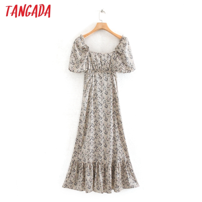 Women Chic Fashion Floral Print Pleated Midi Dress Vintage Lantern Sleeve Female Dresses Vestidos 2W96 210416