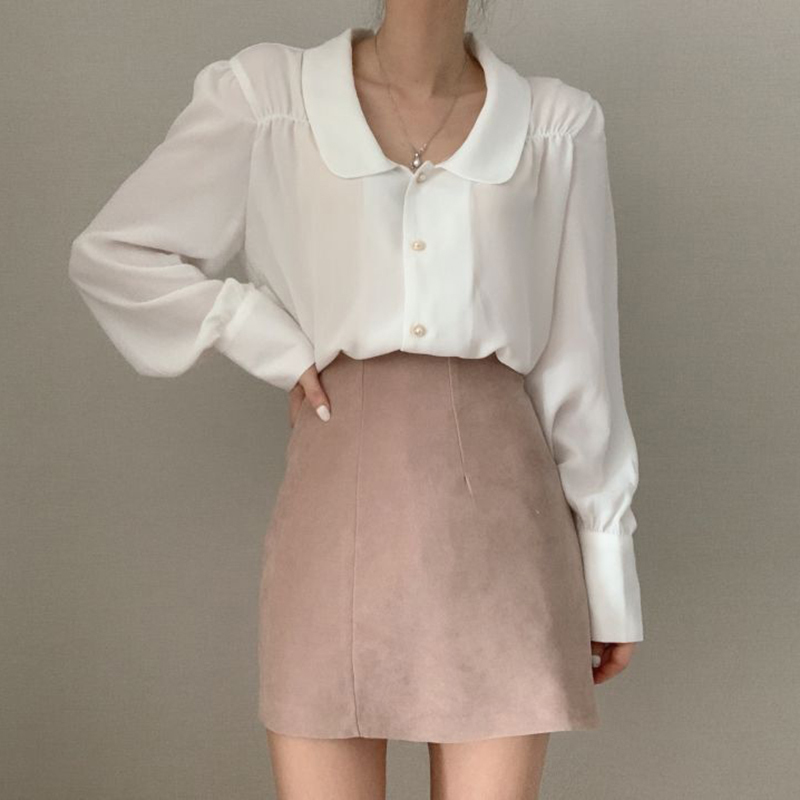 Minimalist Sweet White Blouse Women's Spring Peter Pan Collor Single Breasted Loose Long Sleeve Shirt 5B960 210427
