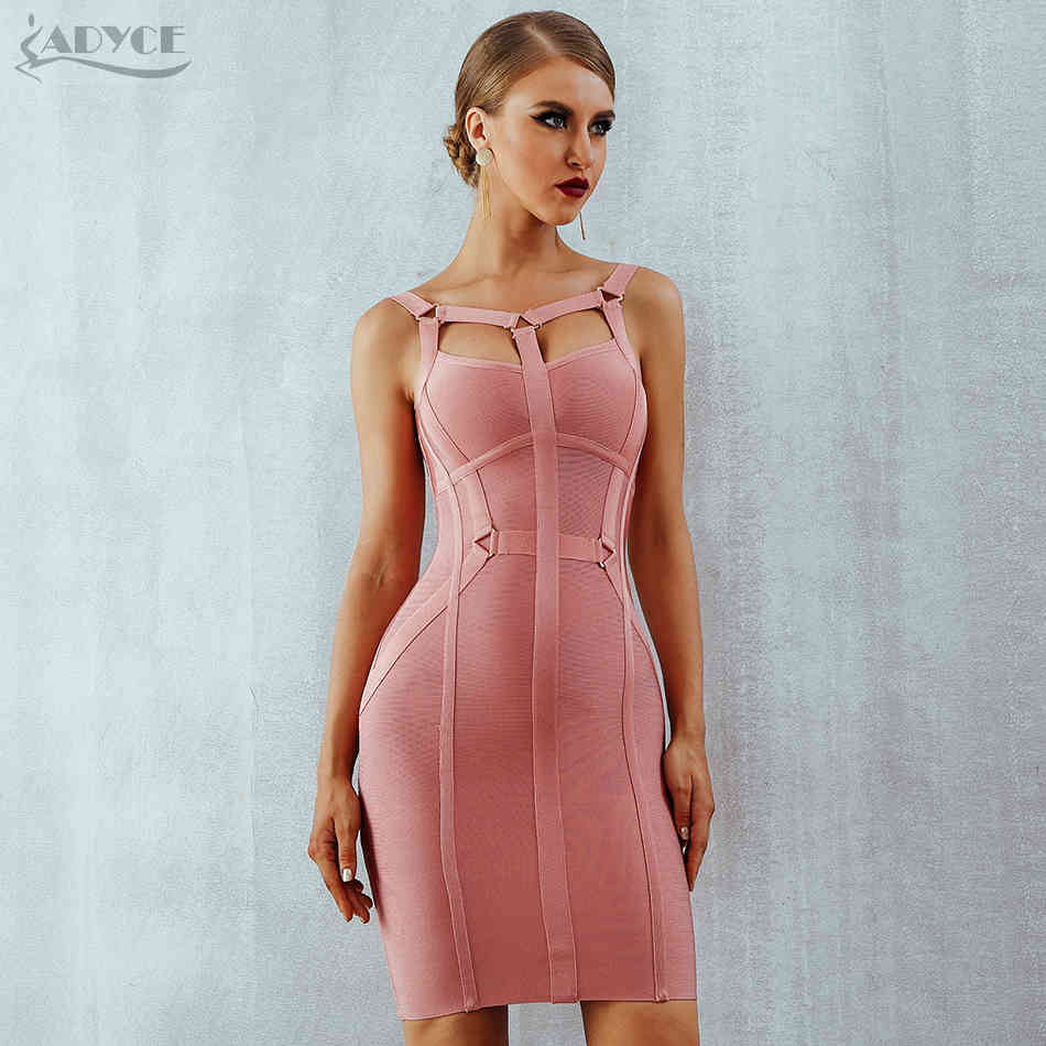 Summer Pink Women Bandage Dress Sexy Spaghetti Strap Hollow Out Midi Celebrity Evening Party Club Bodycon Dresses 210423