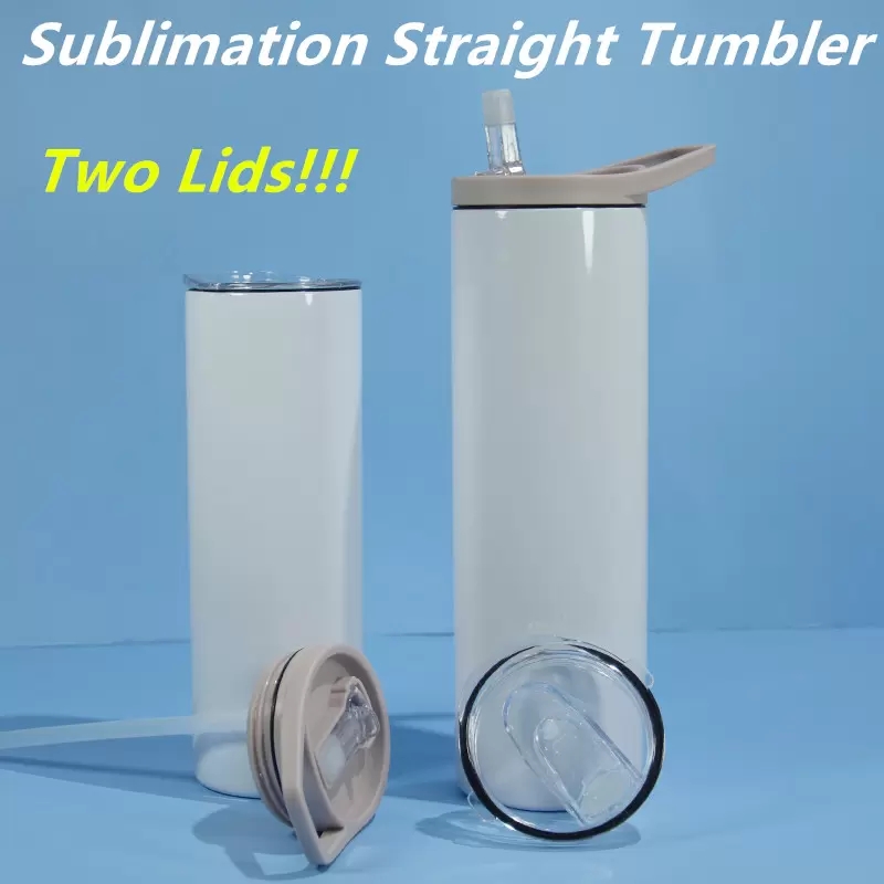 Local Warehouse! Blank Sublimation Tumbler 20oz STRAIGHT skinny tumbler whit handle Lid Straight Cups Stainless Steel Beer Coffee Mugs Two Lids!