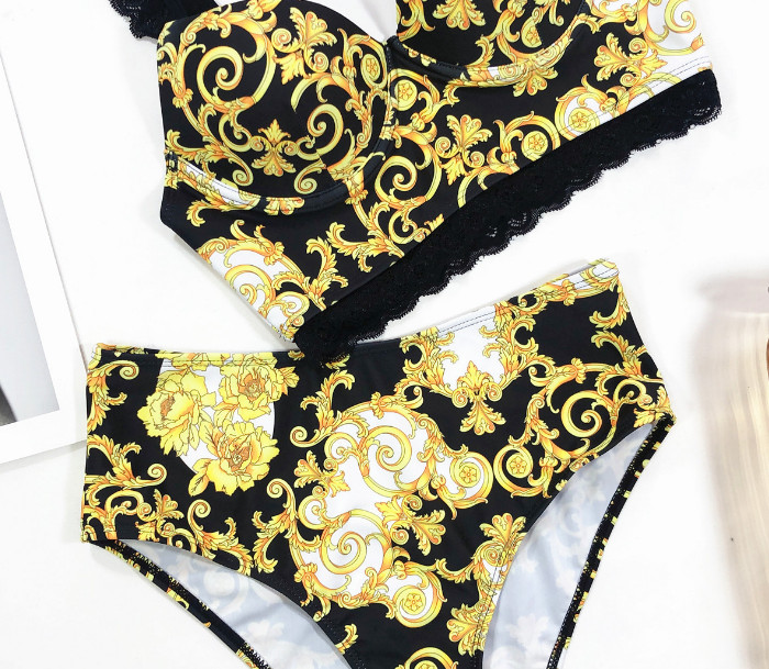 Women Vintage Retro Bikini Set Split Swimsuit Lace Strap Push Up Swimwear High Waist Printed Bathing Suits Summer Beach Wear Swimming Suit B4