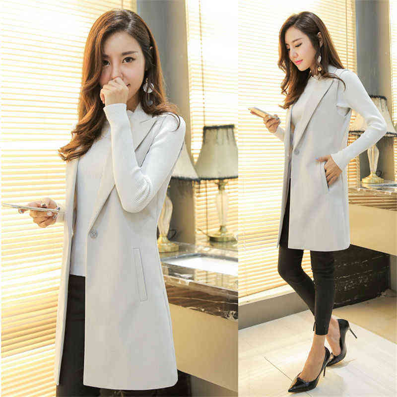Sungtin Classic Women Long Blazer Vest Elegant Office Lady Coat Female Waistcoat Causal Suits Sleeveless Jacket Plus Size 211130