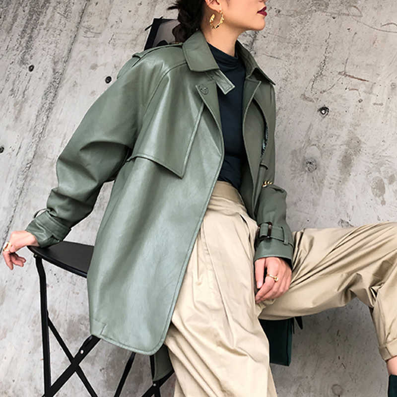 FTLZZ Spring Autumn Women Faux PU Leather Casual Streetwear Outwear Motorcycle Leather Jacket with Belt Green Biker Coat 210909
