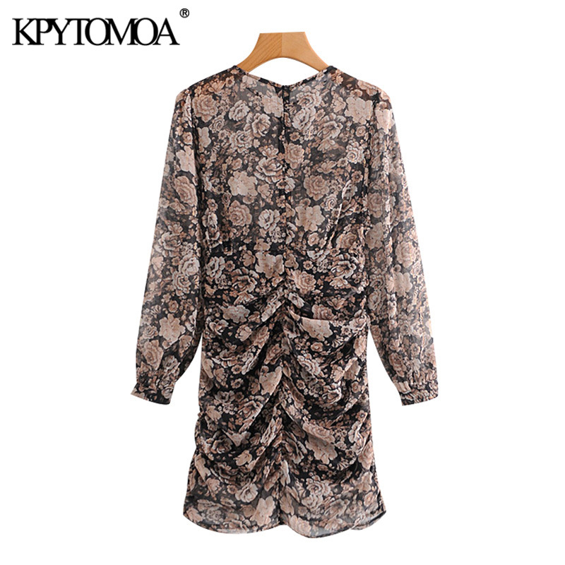 Women Fashion Metallic Thread Floral Print Pleated Mini Dress Long Sleeve With Lining Female Dresses Mujer 210420