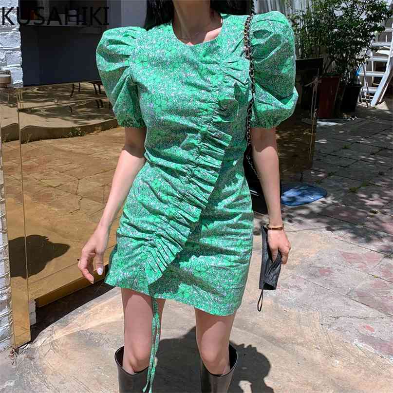 Floral Woman Dress Shirring Ruffle Fashion Elegant Slim Vestidos Femme Summer Puff Sleeve O-neck Dresses 6J599 210603