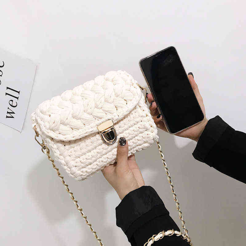 Women's Bag Cloth Crochet Woven Hand Made Chain Lock Crossbody Single Small Ladies' Shoulder 211103
