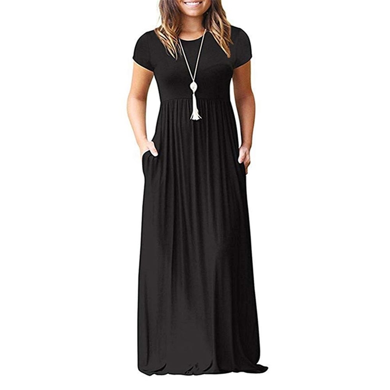GULE Women's Short Sleeve Solid Maxi Long Dresses with Pockets 210409