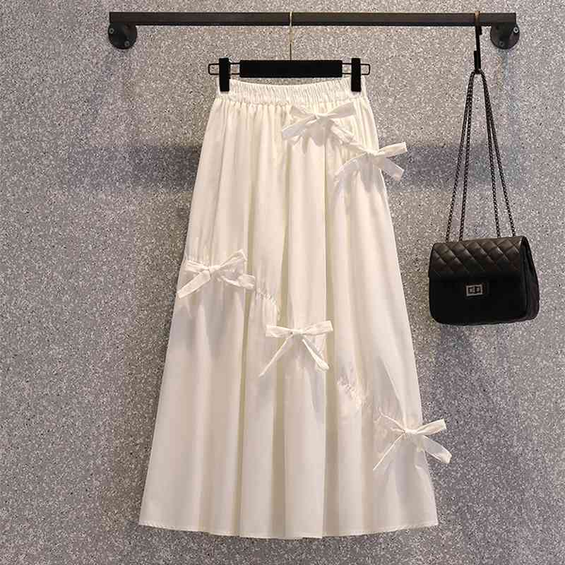 plus size Summer korean 2 piece set Women Black Puff Sleeve T-Shirt Top and High Waist White Bow Midi Skirts Suit Female 210519
