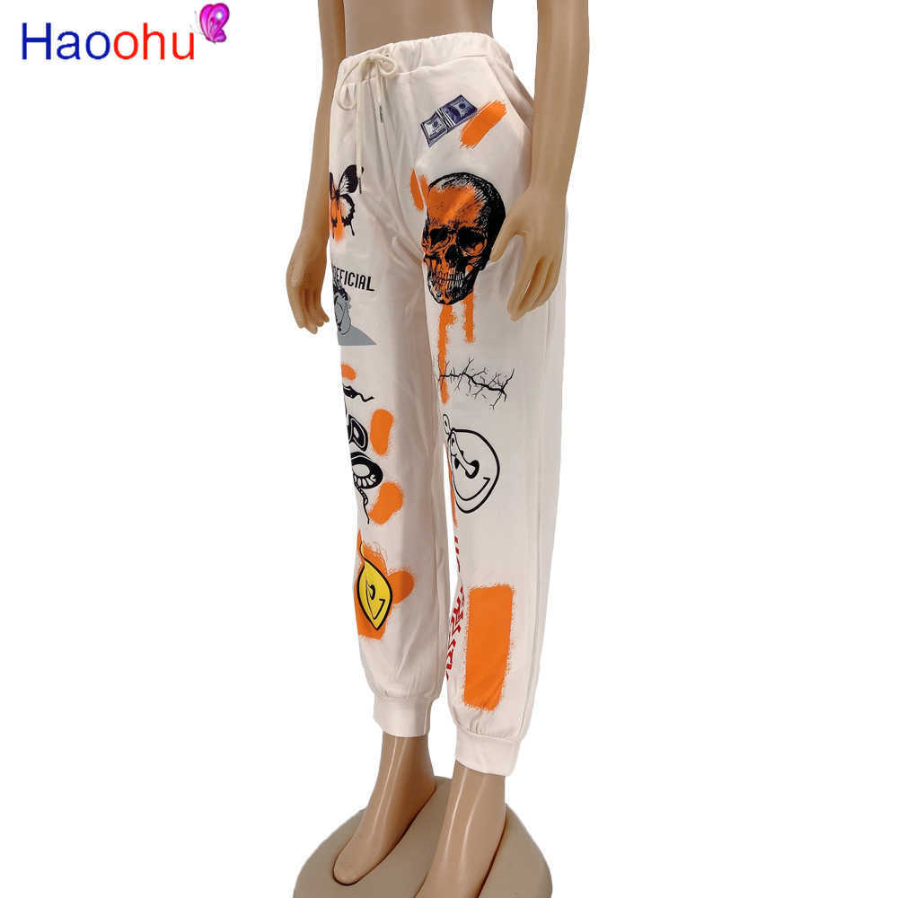 HAOOHU Streetwear Cartoon Skull Print Women Pants Autumn Elastic High Waist Pocket Trousers Urban Draped Jogger Pants Sweatpants 211006