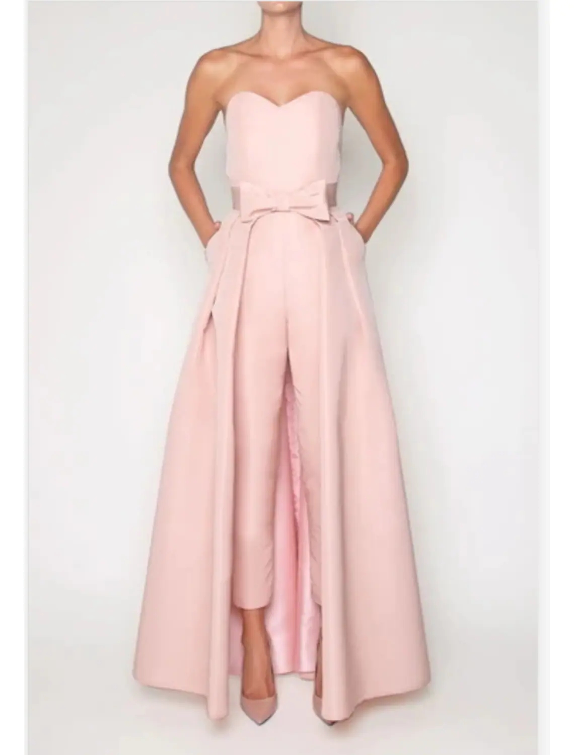 Pink Jumpsuits Beautiful Back Sexy Engagement Formal Evening Dress Sweetheart Sleeveless Detachable Bow Train Prom Formal Gown Robes De Soirée Vestido