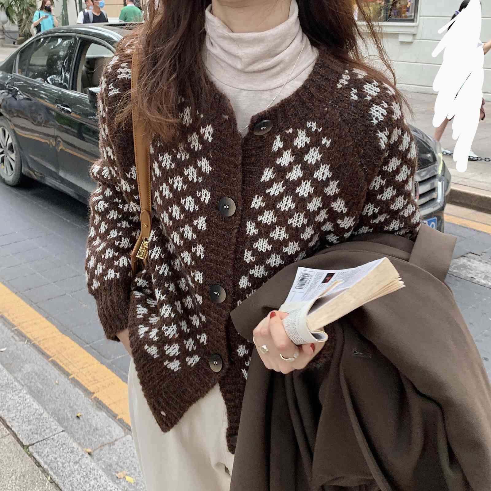 OL Outwear Tops Loose Sweater Women Autumn Winter Elegant Long Sleeve Print Knitted Cardigan Female Sweaters 210421