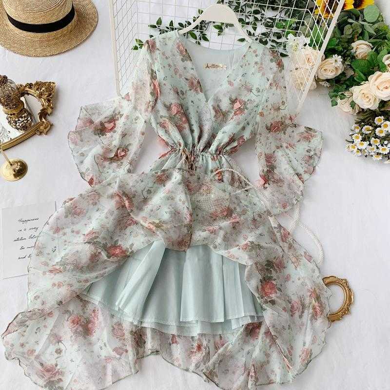 Mozuleva Women Chiffon Dress Summer Sexy V-neck Flare Sleeve Floral Sweet Tulle Dress Elegant Ladies Irregularity Robe 210630
