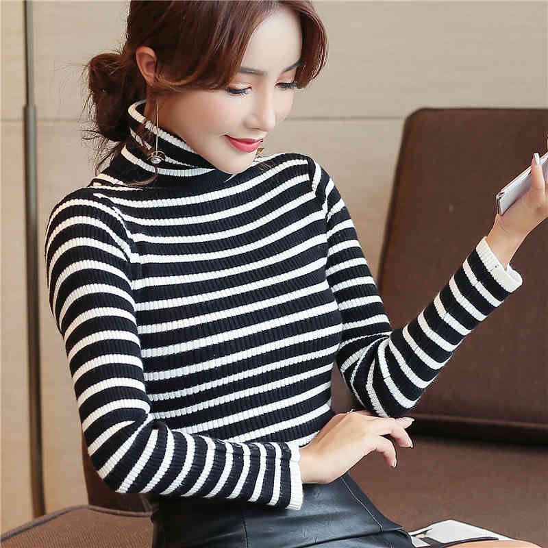 Womens Sweaters Winter Ladies Tops For Women Turtleneck Sweater Pullovers Computer Knitted Striped Korean 6354 90 210415