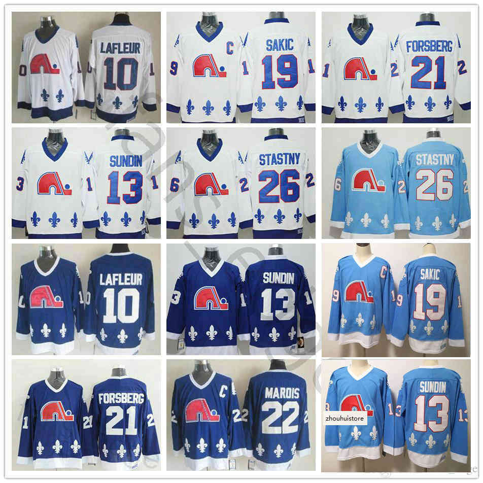 Retro Quebec Nordiques Ice Hockey Jersey 19 Joe Sakic 21 Peter Forsberg 26 Peter Stastny 22 Marois 10 Guy Lafleur 13 Mats Sundin Jerseys, Black;red
Retro Quebec Nordiques Ice Hockey Jersey 19 Joe Sakic 21 Peter Forsberg 26 Peter Stastny 22 Marois 10 Guy Lafleur 13 Mats Sundin Jerseys, Black;red