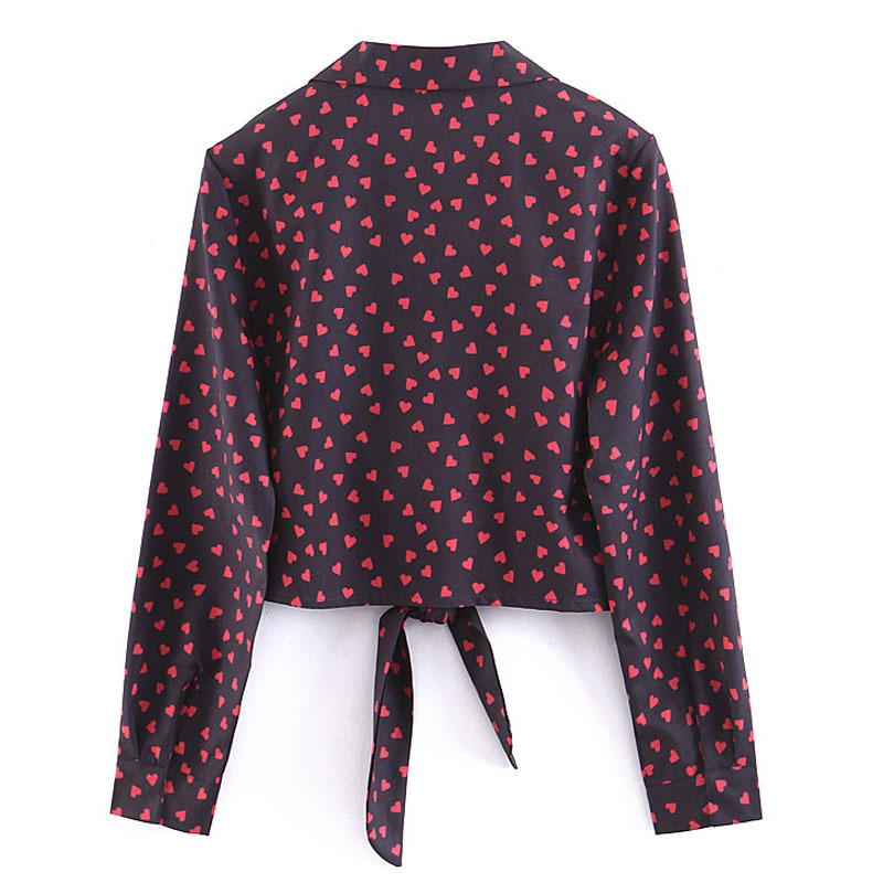 Summer Women's Lapel Black Heart Button Front Knot Long Sleeve Shirt Short Women's Top Casual fashion personality 210507