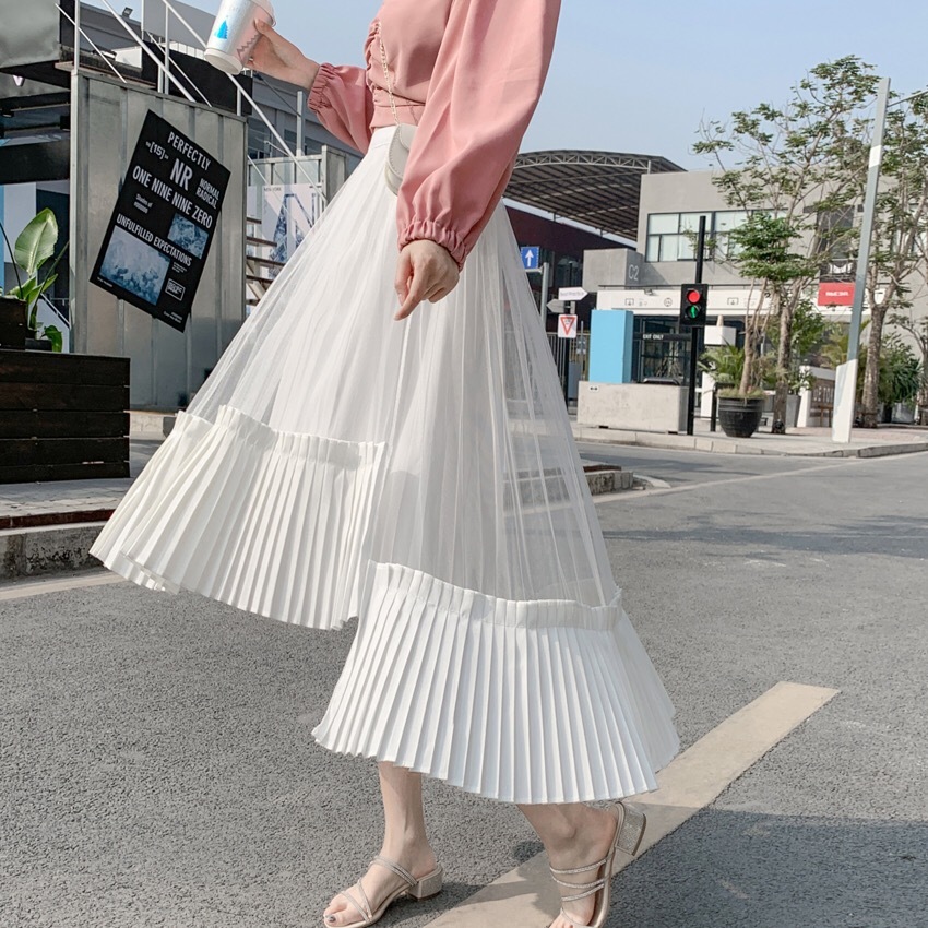 white skirt pleated mesh sweet cute asymmetrical long high waist black casual daily wear chic patchwork 210421