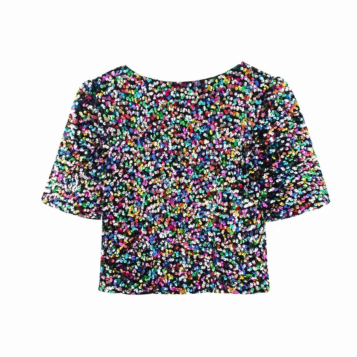 Foridol Colorful Sequin Blouse Shirt Casual Sexy Club Crop Top V Neck Short Tops Blouse Shirts Summer 210415