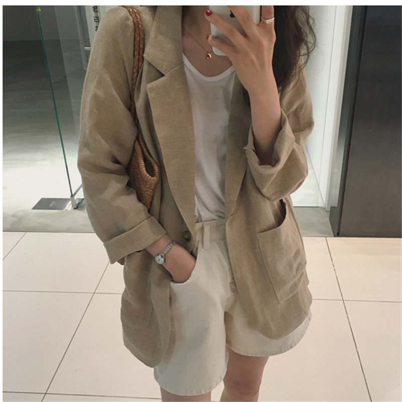Chic Light-Brown Thin High Quality Office Lady Women Linen Fashion All-Match Retro Loose Streetwear Vintage Blazers 210421