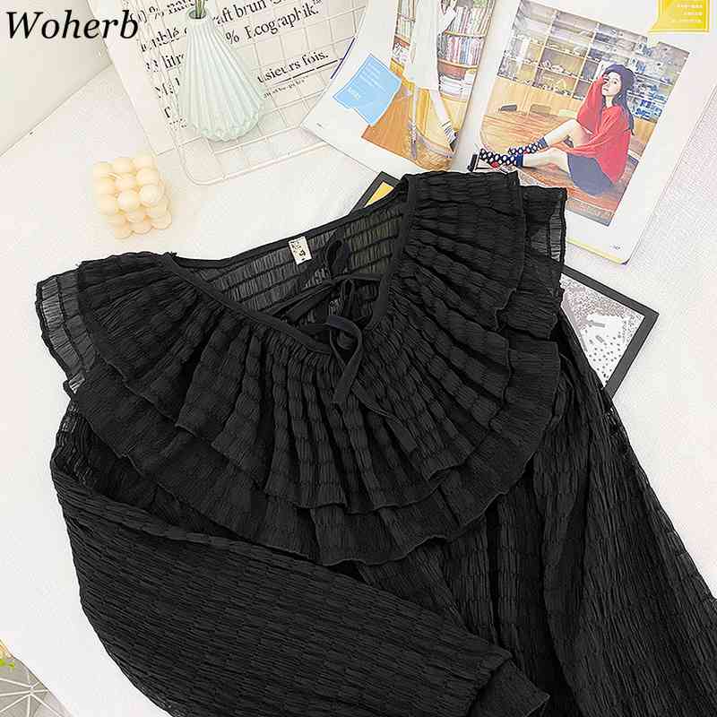 Ruffles Women Blouse Peter Pan Collar Vintage Long Sleeve Solid Korean Blusas Mujer Summer Loose Shirts Elegant Tops 210519