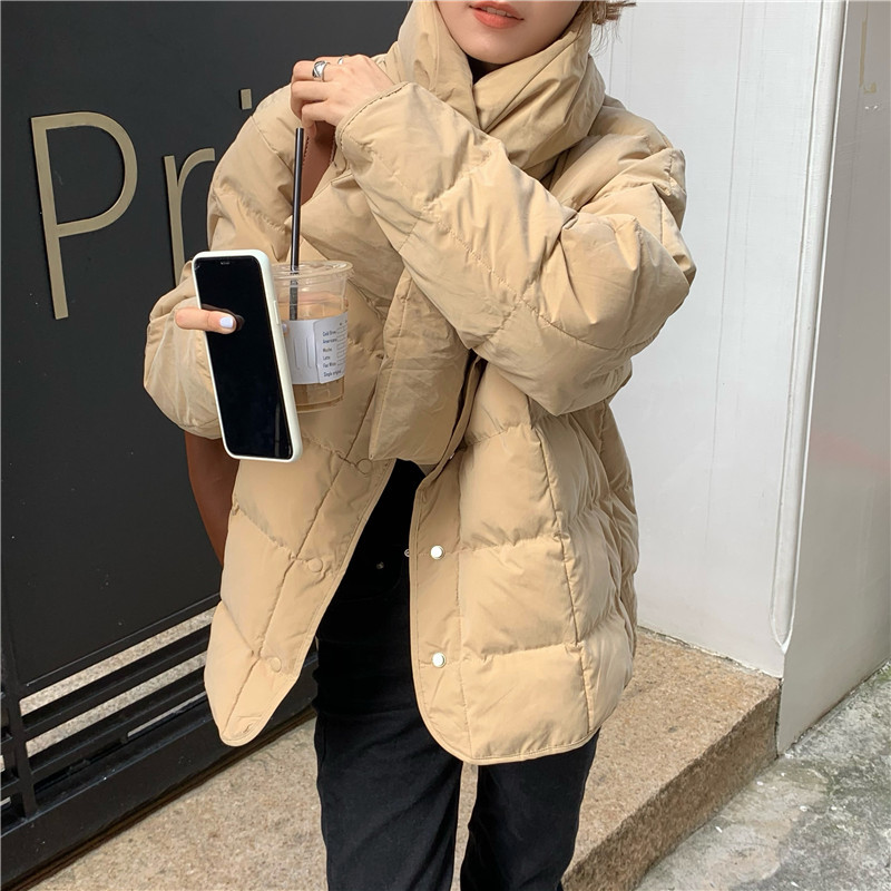 Winter Jacket Women Solid Basic Coat OL Loose Thicken Warm Cotton Padded Bread Clothes Parkas with Scarf 210421