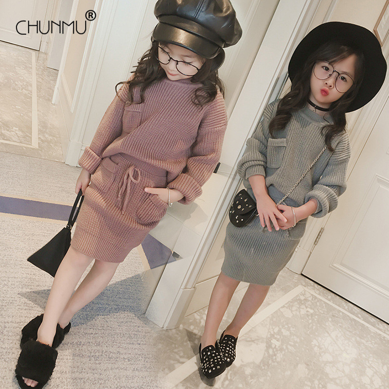 Baby Girls Clothes SpAutumn Set Solid Knitted Tops + Skirt 2 Pcs Outfit Sweater Dress Kids 210508
