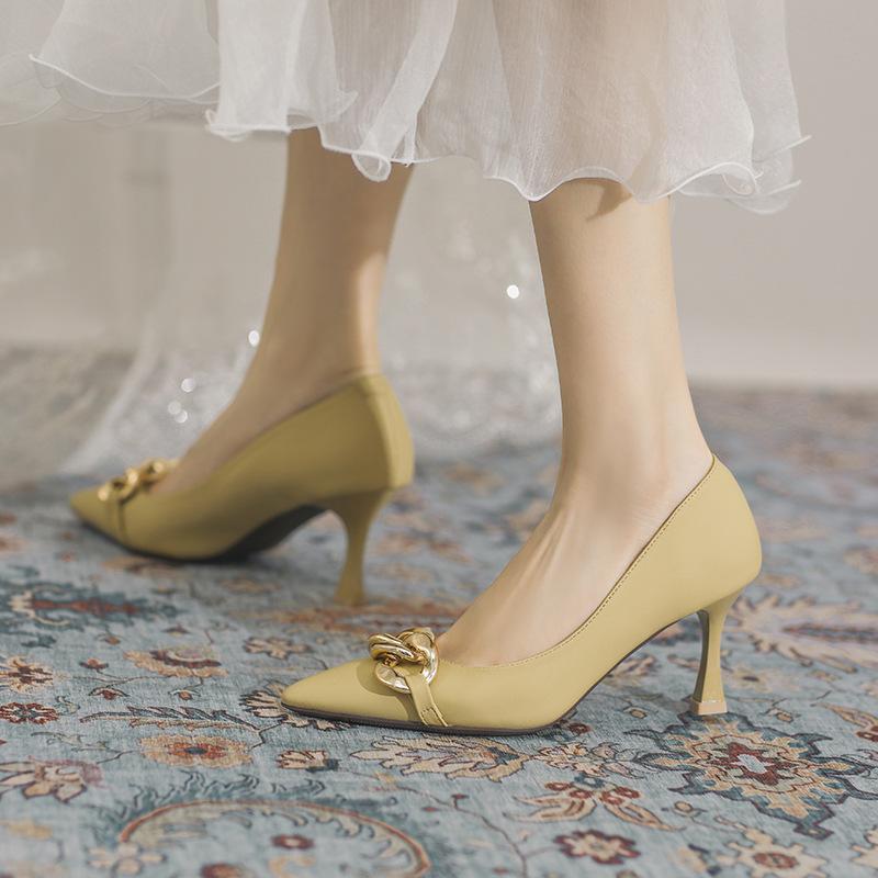 Dress Shoes 2021 Pointed Toe Women's Pumps Metal Chain Design Thin High Heels Elegant Quality Office Spring/Autumn Mules Slip On