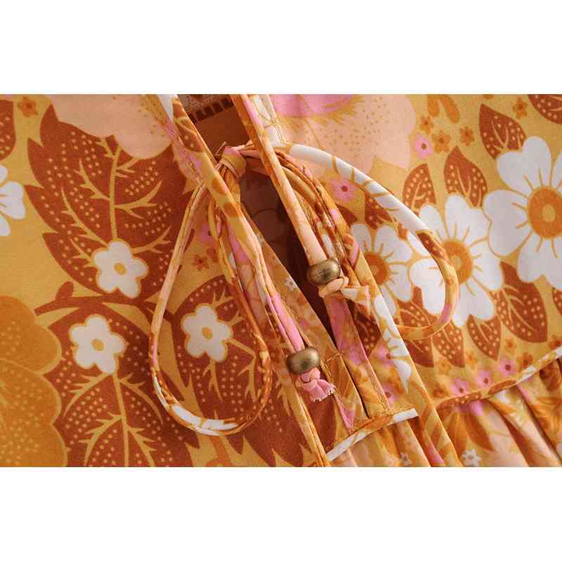 Bohemia Bandage Lacing up Collar Contrast color Flower Print Dress BOHO Woman Long Sleeve Maxi Holiday Dresses Beach 210429
