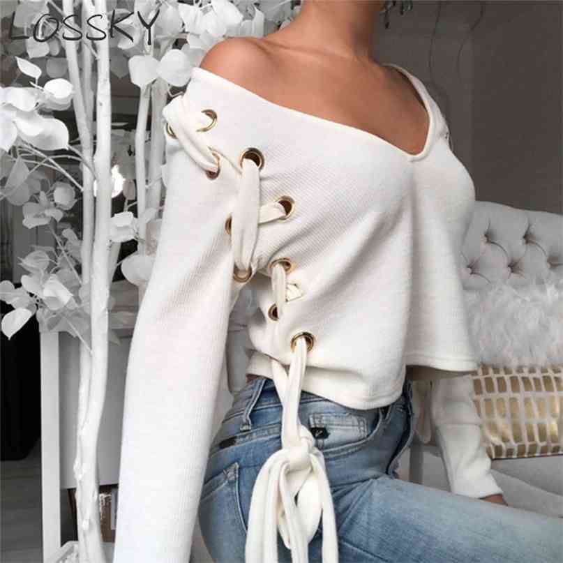 Criss Cross Bandage Bow Tie V Neck Crop Top Women's Autumn Winter Knitted Long Sleeve White Sexy T-shirt T shirt Tee 210507
