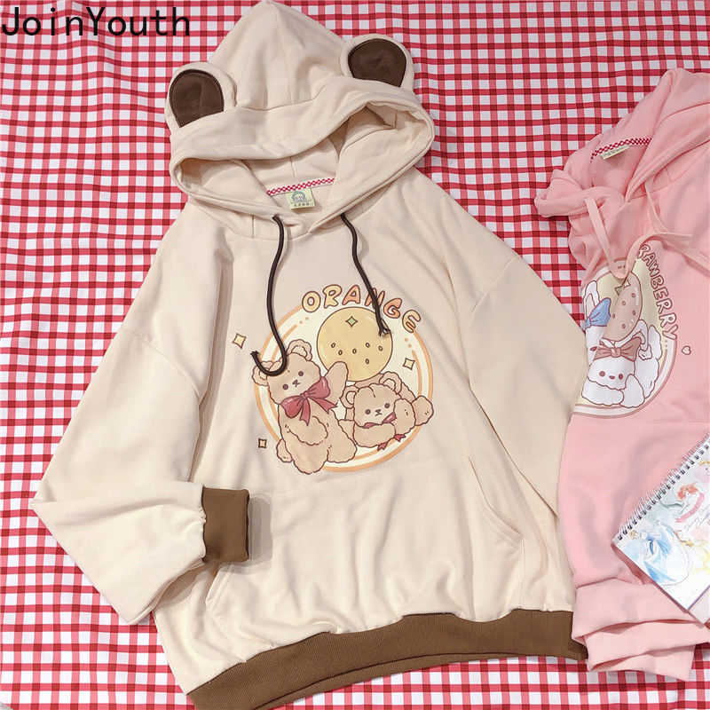 Joinyouth Hoodie Cartoon Print Hooded Pink Coat Tops Fashion Fall Clothes Loose Japanese Sweet Cute Sweatshirt 210910