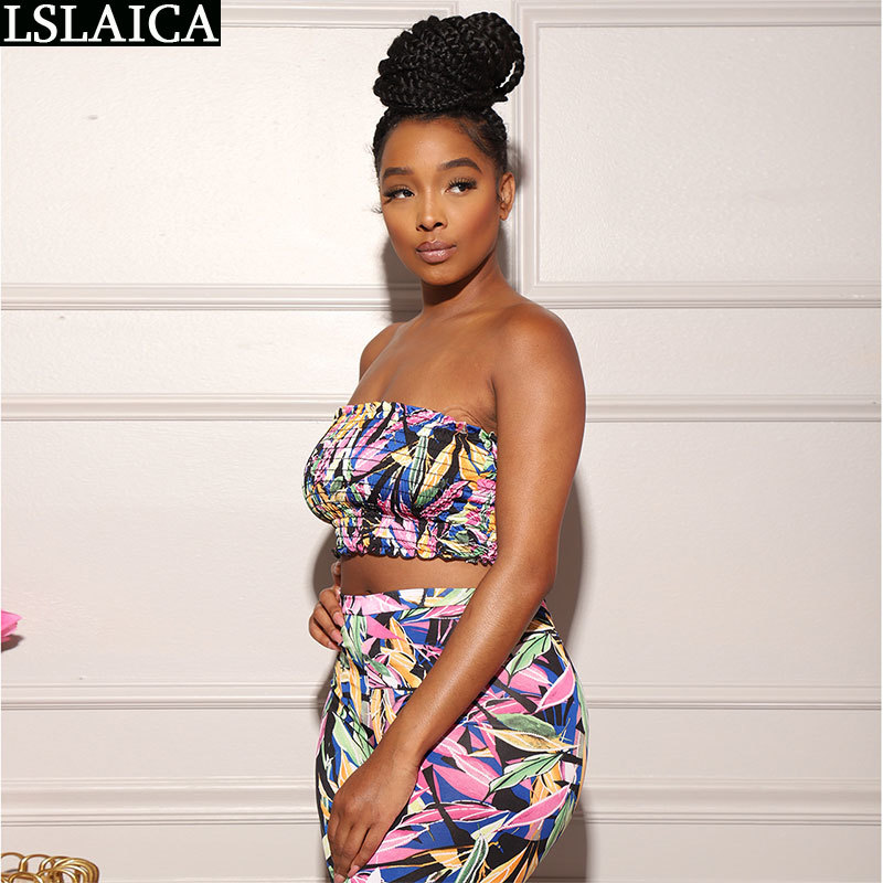 Summer Women's Sets Boho Print Cropped Tops Wide Leg Pants High Waist Slim Casual Holidays Matching Clothes For Women 210520