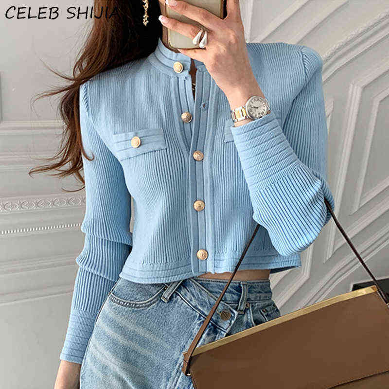 Chic Blue Knitted Cardigan Woman Gold Button Vintage Sweater Female Single-breasted Business Cropped Sweater Woman Tops 211117