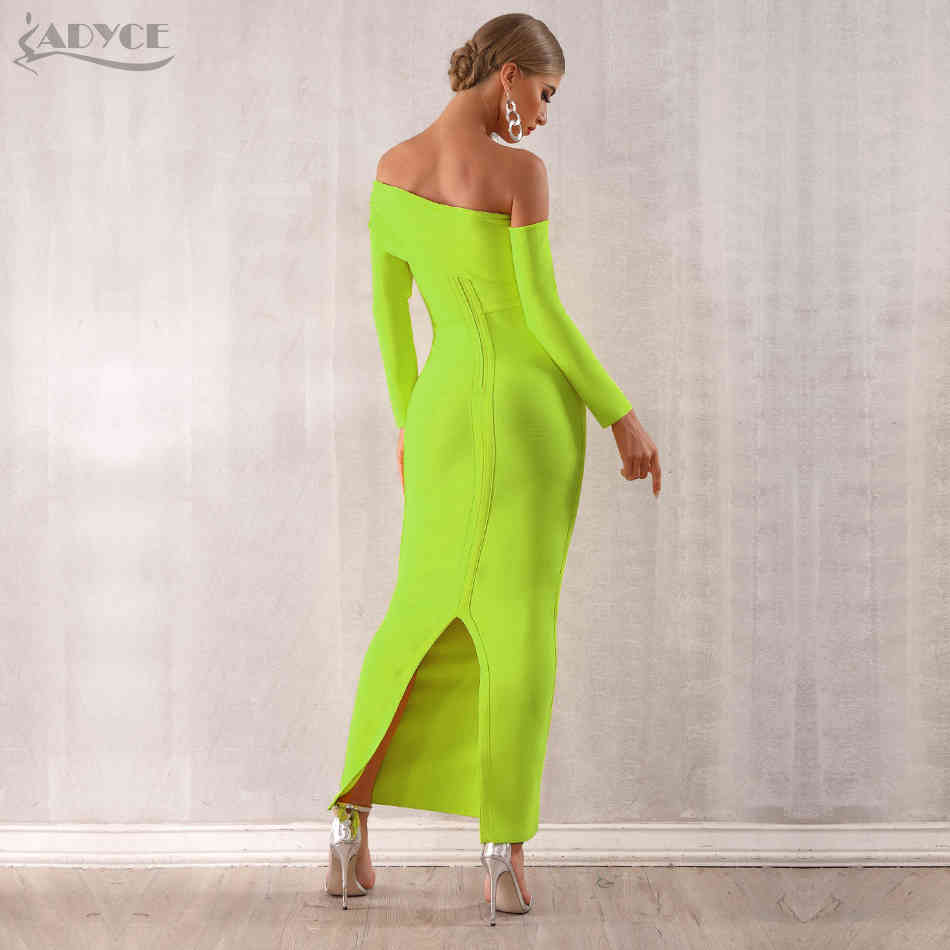 Winter Sexy Women Bandage Dress Vestidos Long Sleeve Yellow Green Off Shoulder Maxi Celebrity Evening Party 210423