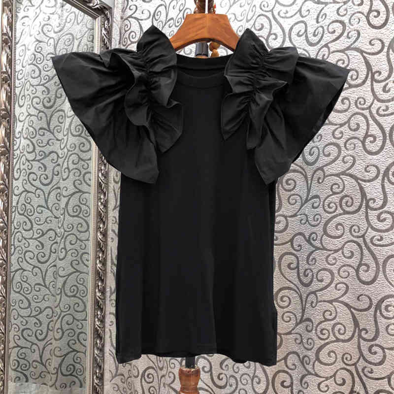 TWOWINSYLE Casual Patchwork Ruffle Shirt For Women O Neck Short Sleeve Slim Solid Shirts Female Fashion Summer 210524