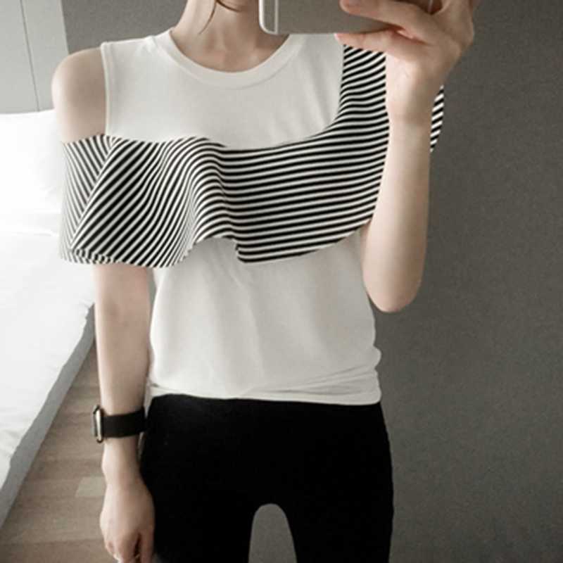 Off Shoulder Tops Women Korean-style Summer Wild Cotton Ladies Shirts Stripes Casual Fashion Female 210615