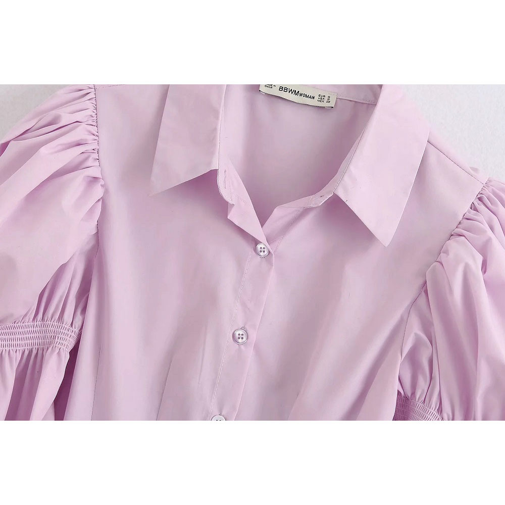 Stylish Chic Light Purple Ruched Sleeve Poplin Blouses Women Fashion Turn-down Collar Tops Elegant Ladies Buttons Shirts 210520