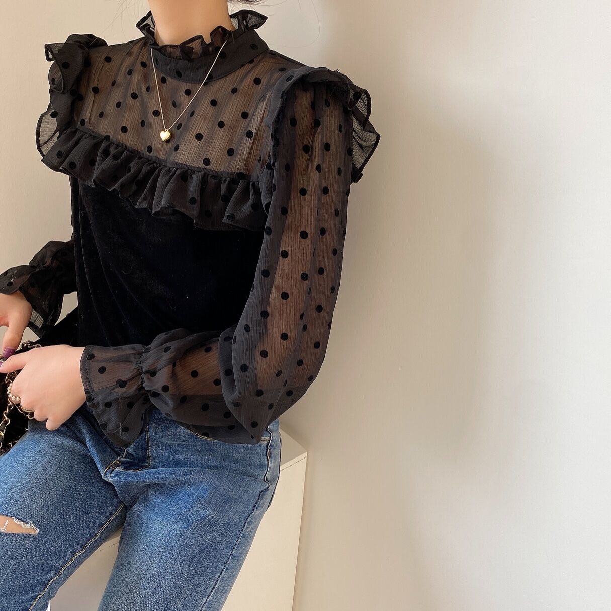Polka Dots Mesh Work Wear Stylish Blouse Brief Office Lady Basic Elegance Patchwork Women Slim Gentle Shirts 210421