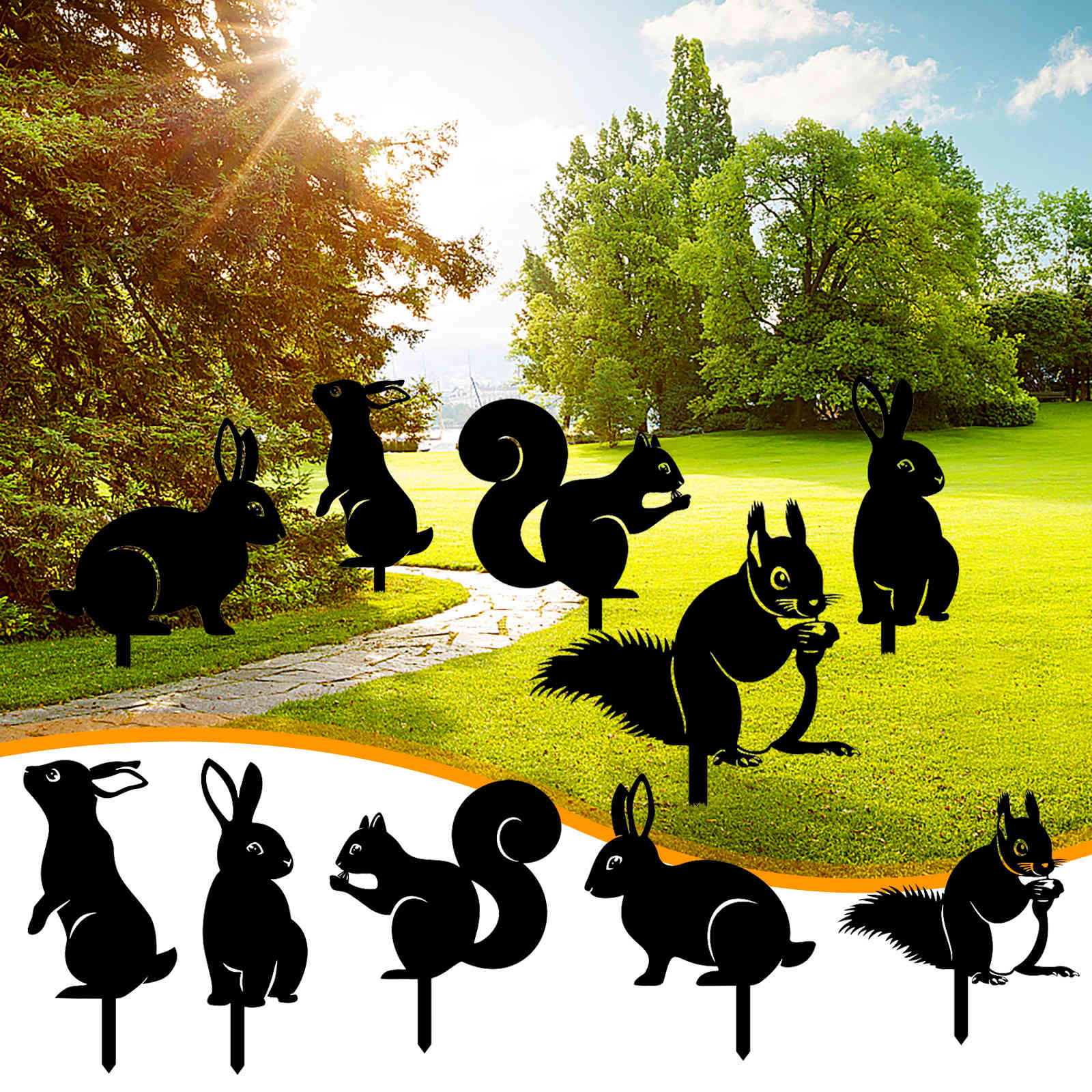 Beautiful outdoor art rabbit and squirrel metal statue peg figure insertion into the yard decoration this mansion black lawn decoration