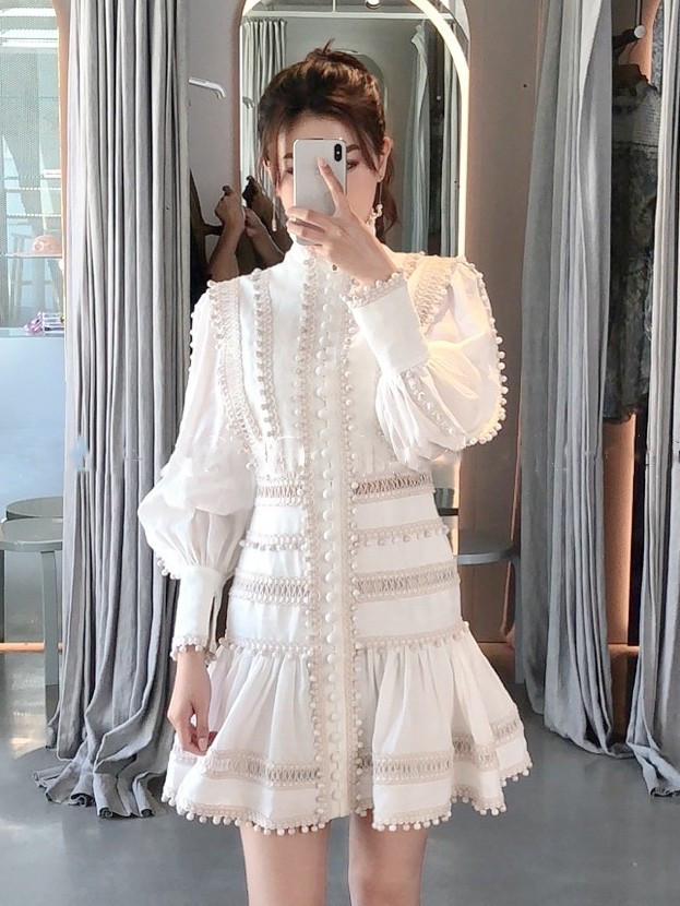 DEAT New Spring And Summer Lantern Sleeves Single Breasted Lace Hollow Out Ruffles Sexy Dress Female Vestido WL28000M 210428