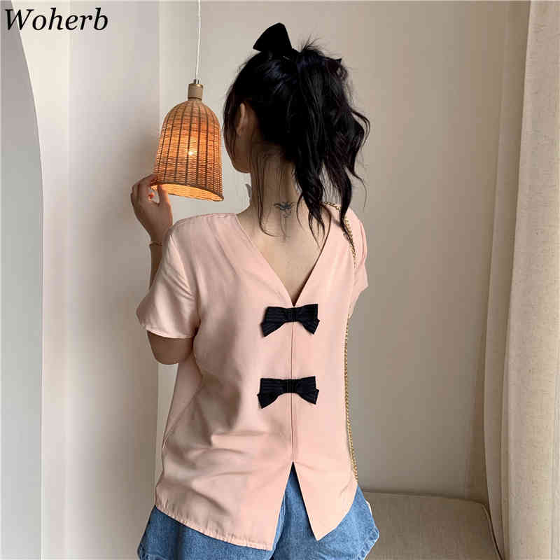 T Shirt Women Spring Summer Bow Patch Korean Fashion Solid Short Sleeve Pink T-shirts Sweet Tops Ropa Mujer 210519