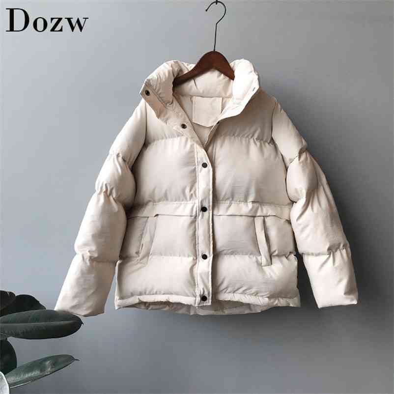 Winter Solid Women Parkas Fashion Long Sleeve Stand Collar Jacket Casual Warm Single-breasted Female Coat Loose Outwear Jackets 210515