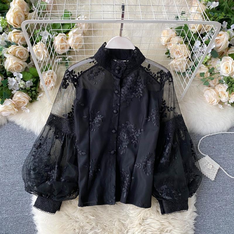 Lady Retro Mesh Lace Tops Womens Stand Collar 3D Embroidered Long Lantern Sleeve Court Slim Shirt Elegant Blouse P298 210401
