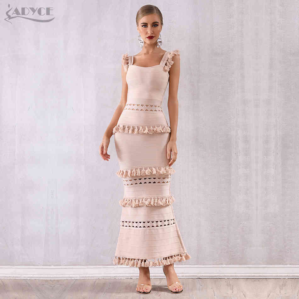 Summer Women Maxi Hollow Out Bandage Dress Sexy Sleeveless Tassel Club Fringe Celebrity Evening Party 210423