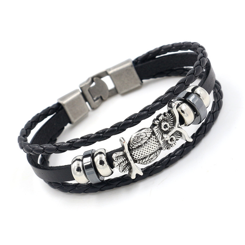 Punk Multilayer Braided Bracelet Bronze Owl Charms Woven Leather Love Bracelet