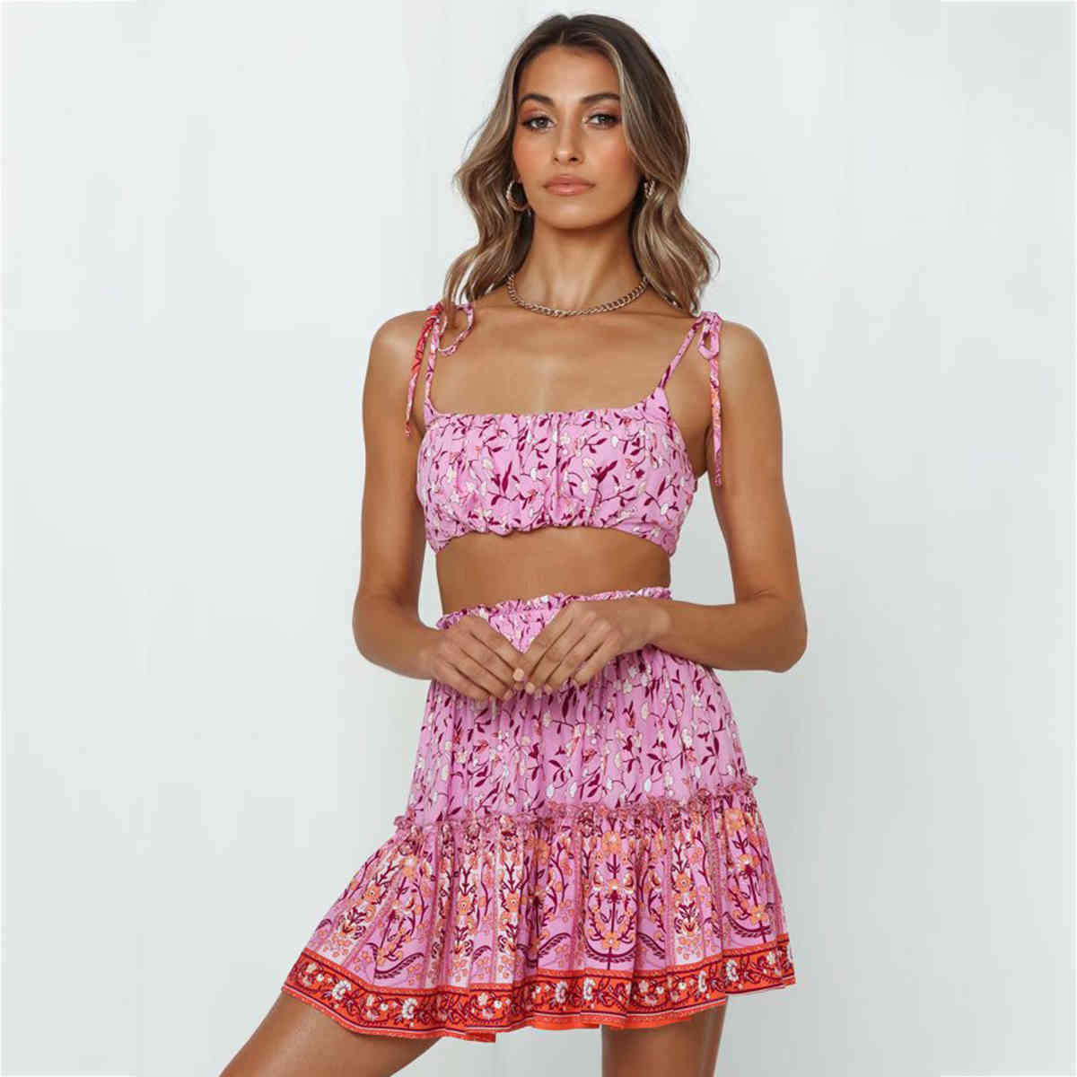 Jastie Bohemian 2 Piece Floral Print Set Summer Straps Pleated Mini Boho Dresses Gypsy Beach Women Dress 210419